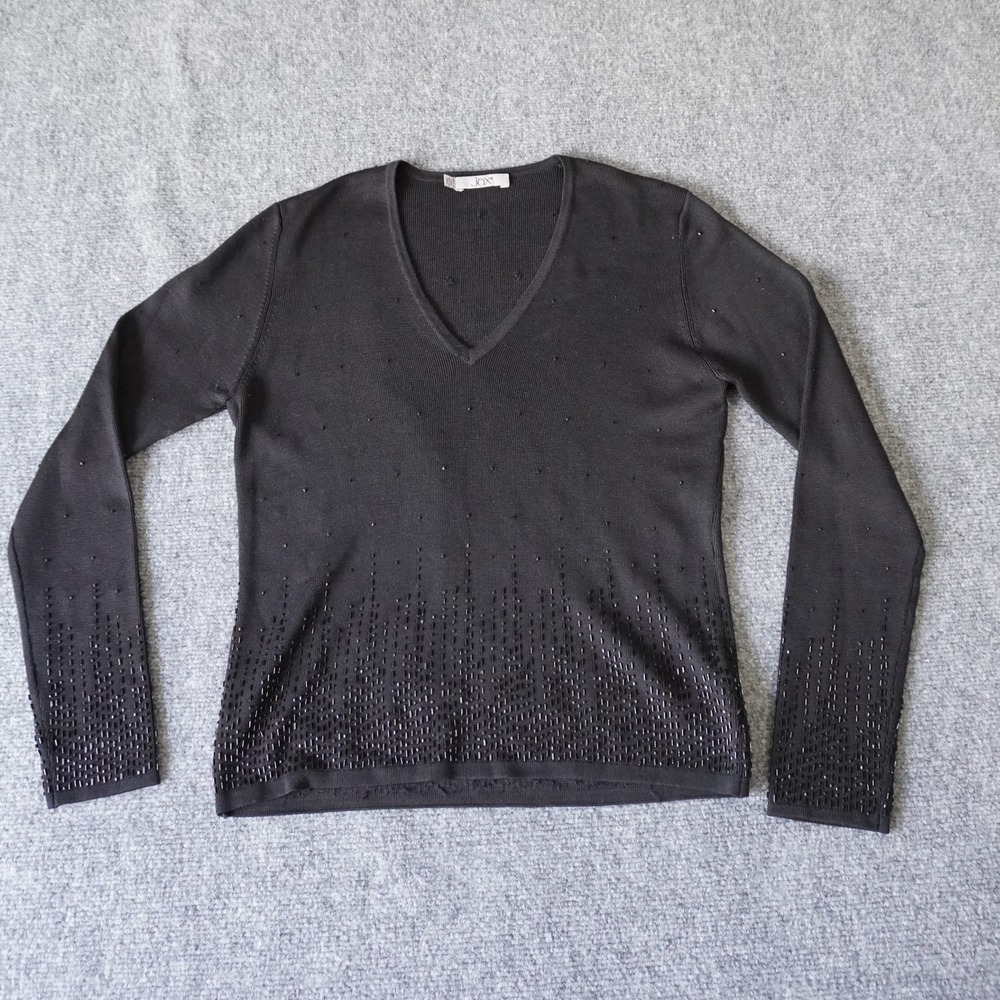 JAX Black Silk Beaded V Neck Long‎ Sleeve Knit Top Sweater
